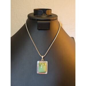 925 Sterling Silver Large Mint Green Stone Pendant on 16" Popcorn Chain Necklace